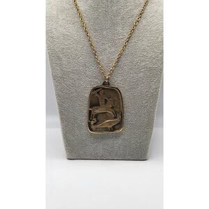 Vintage Egyptian Revival Figural Pendant Necklace Gold Tone Brutalist